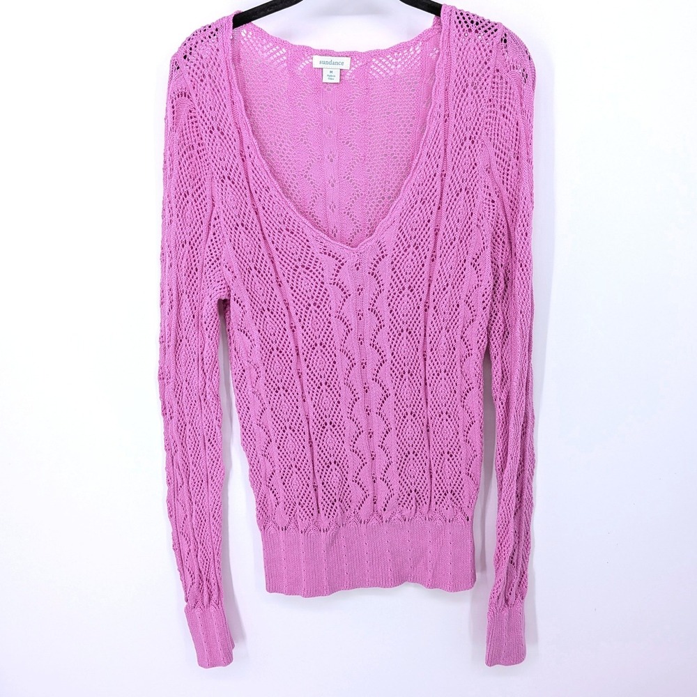Sundance Crochet Knit Pullover Women Medium Pink V-Neck Cotton Linen Blend Sheer